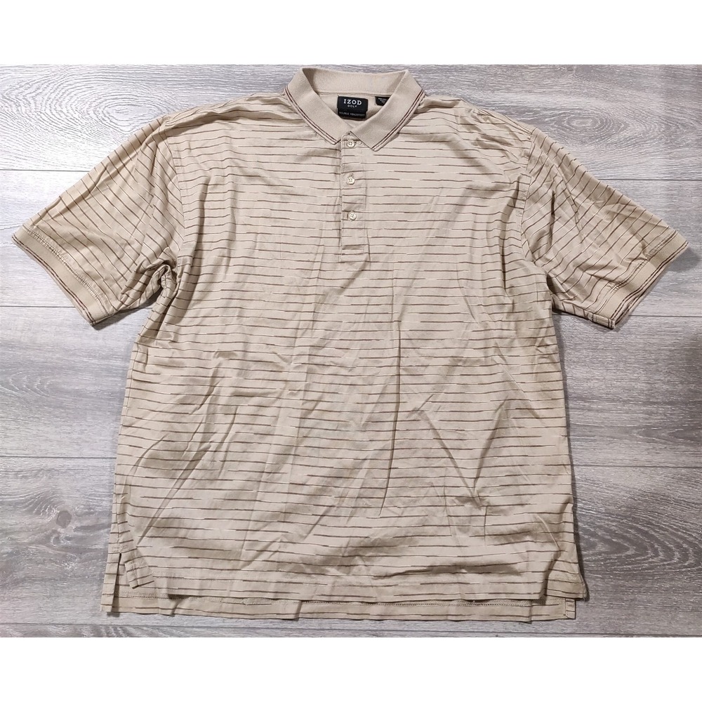 Izod Golf Polo Shirt Adult Large Beige Striped Double Mercerized Mens
